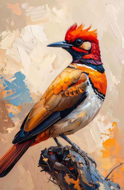 Vibrant Red-Crested Bird Canvas Wall Art - Abstract Impasto Wildlife Oil Painting Print