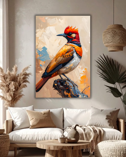 Vibrant Red-Crested Bird Canvas Wall Art - Abstract Impasto Wildlife Oil Painting Print