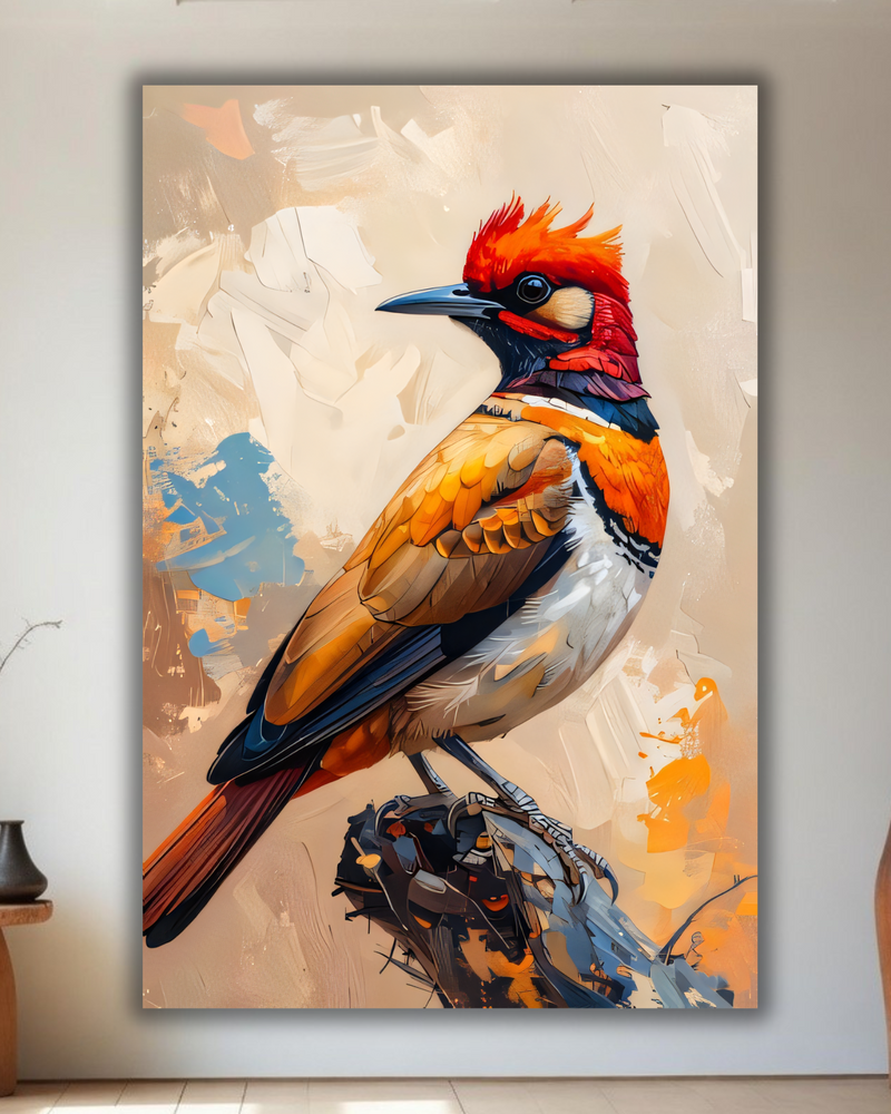 Vibrant Red-Crested Bird Canvas Wall Art - Abstract Impasto Wildlife Oil Painting Print