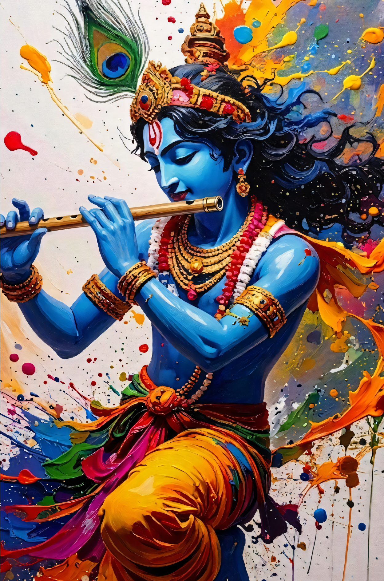 Lord Krishna Canvas Wall Art - Modern Abstract Impasto Painting Print Playing Flute