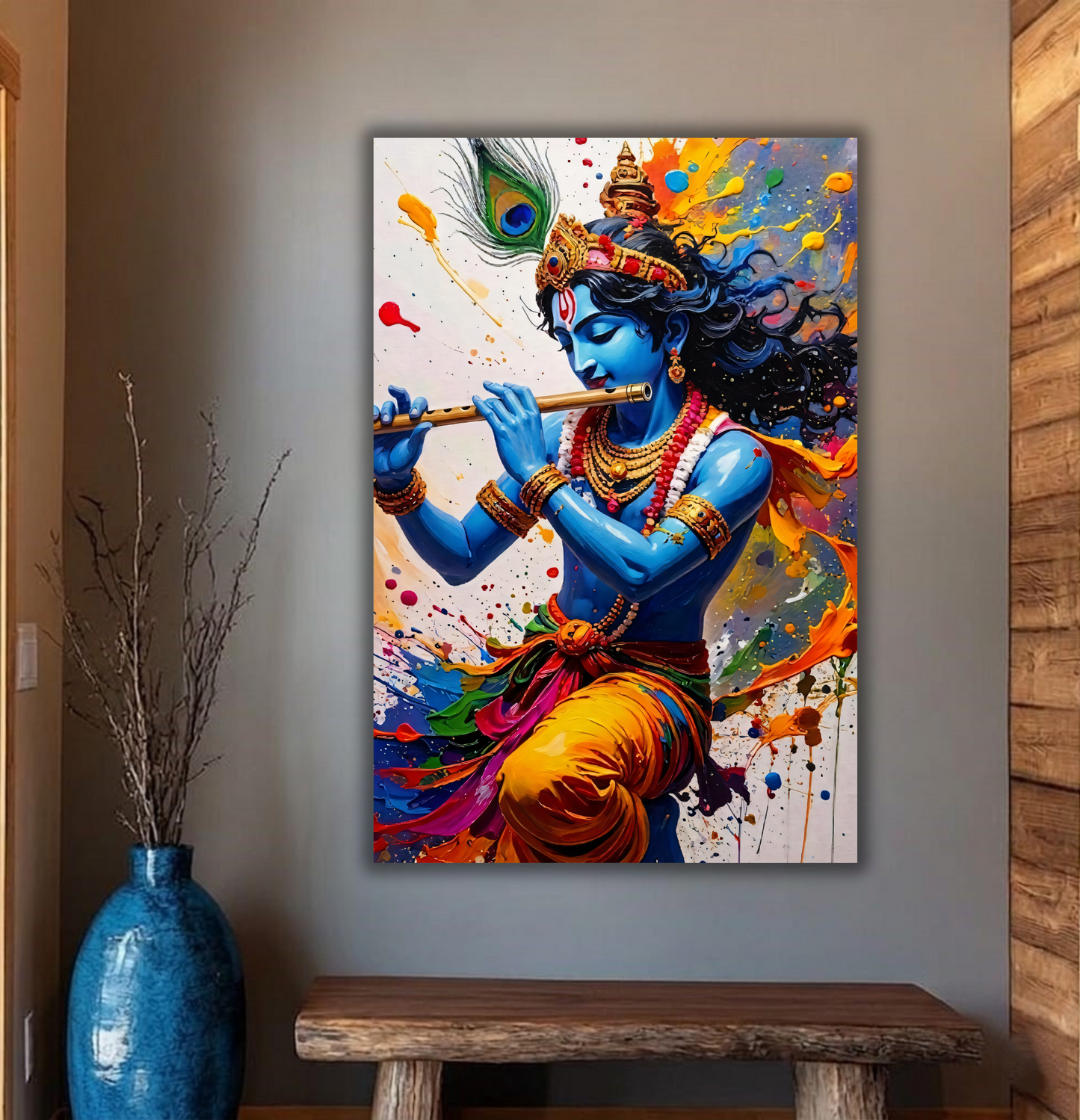 Lord Krishna Canvas Wall Art - Modern Abstract Impasto Painting Print Playing Flute