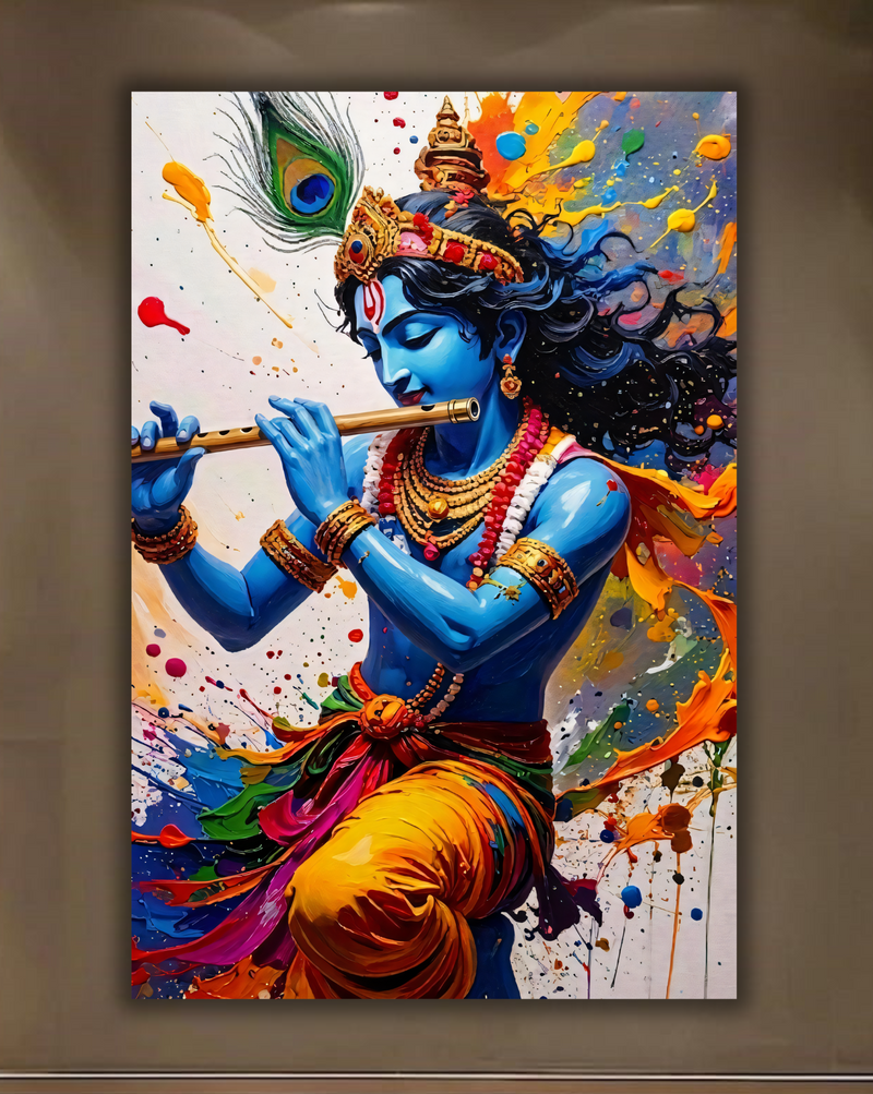 Lord Krishna Canvas Wall Art - Modern Abstract Impasto Painting Print Playing Flute