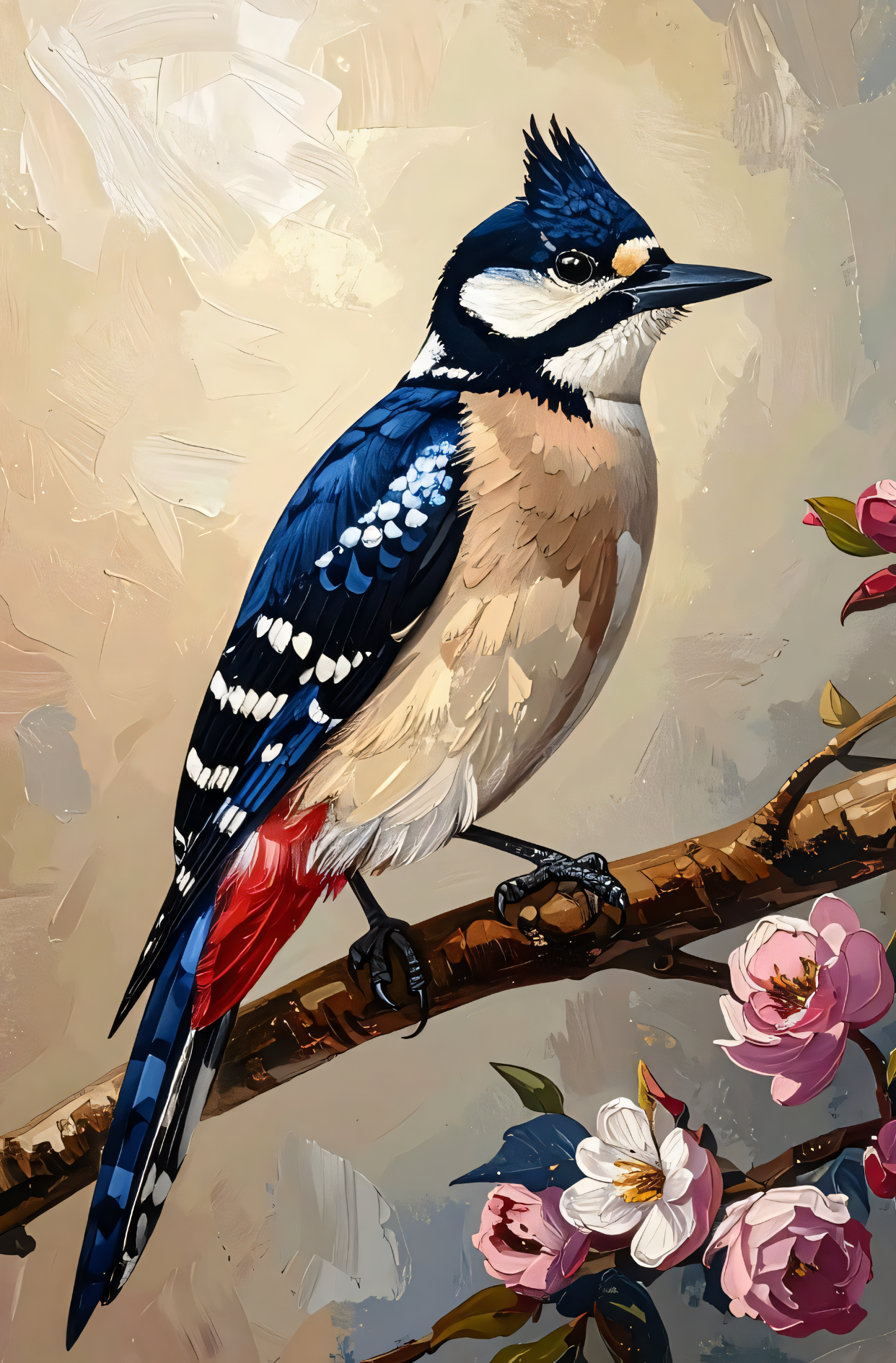 Blue Jay Canvas Wall Art - Textured Impasto Woodpecker Bird Painting Print