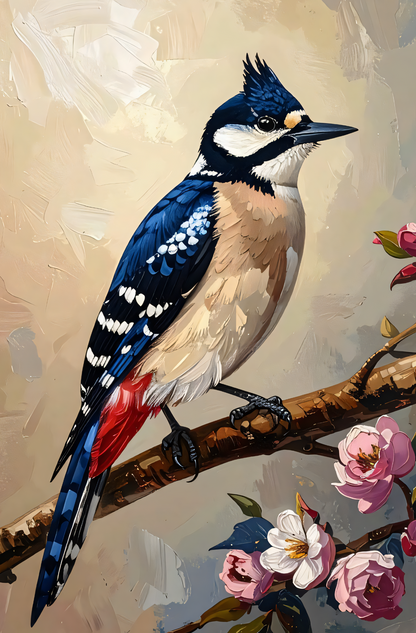 Blue Jay Canvas Wall Art - Textured Impasto Woodpecker Bird Painting Print