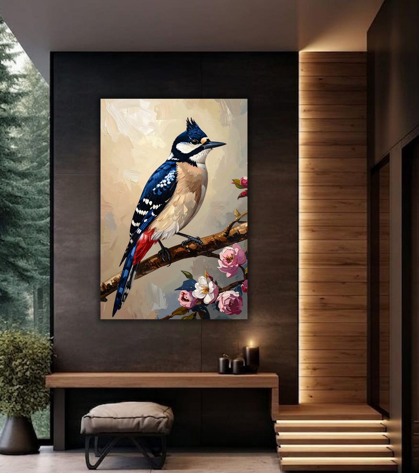 Blue Jay Canvas Wall Art - Textured Impasto Woodpecker Bird Painting Print