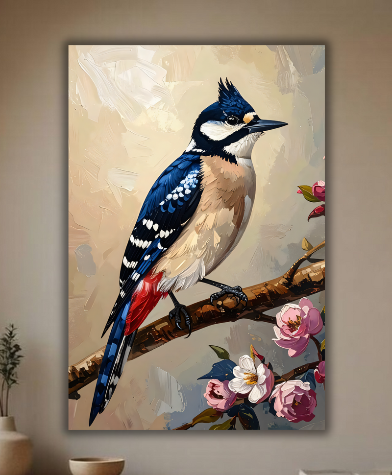 Blue Jay Canvas Wall Art - Textured Impasto Woodpecker Bird Painting Print