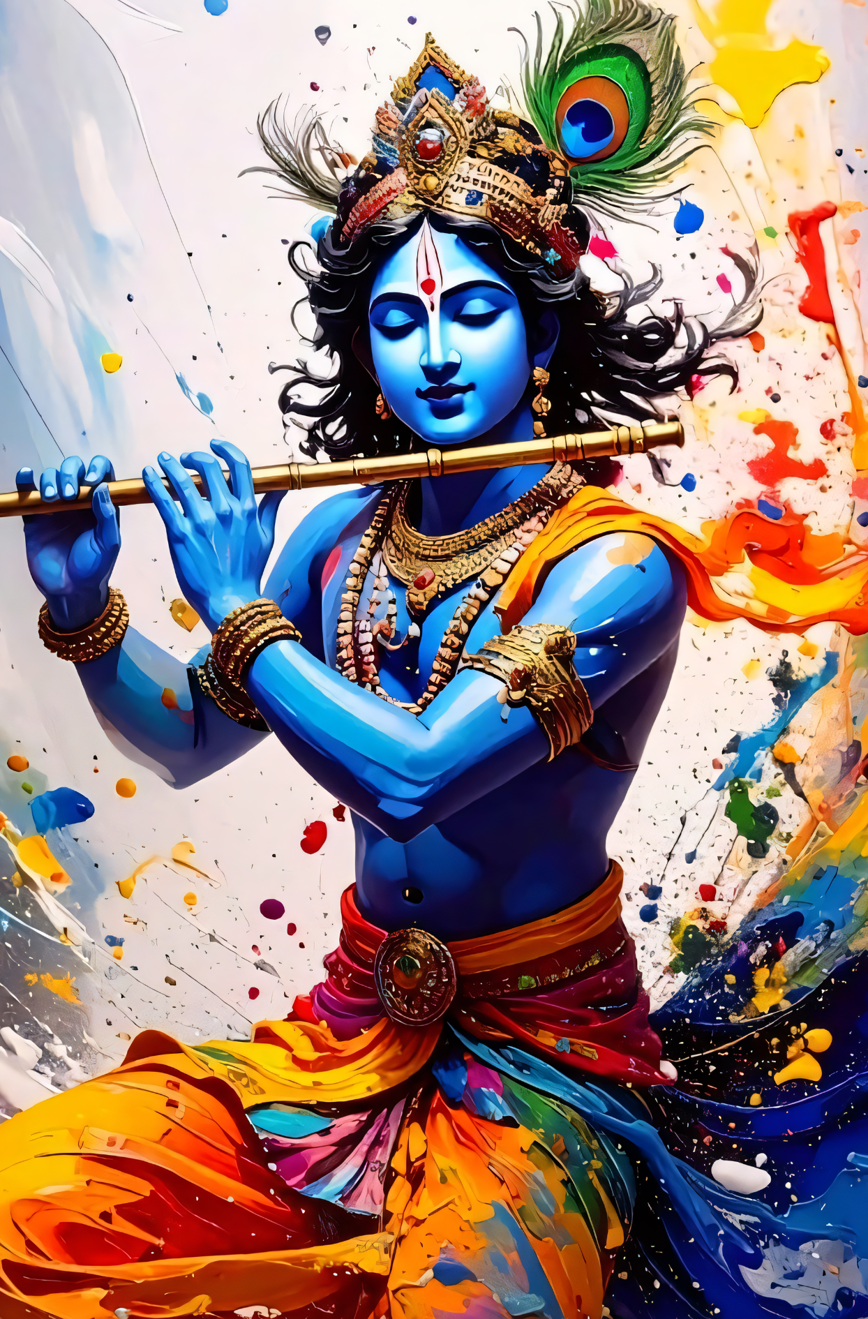 Divine Lord Krishna Canvas Wall Art - Modern Abstract Impasto Painting Playing Flute