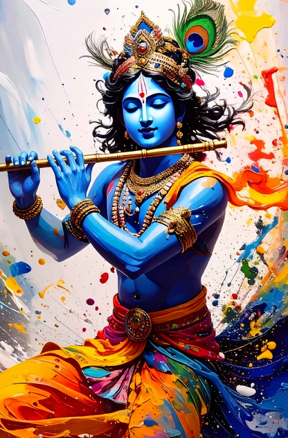 Divine Lord Krishna Canvas Wall Art - Modern Abstract Impasto Painting Playing Flute