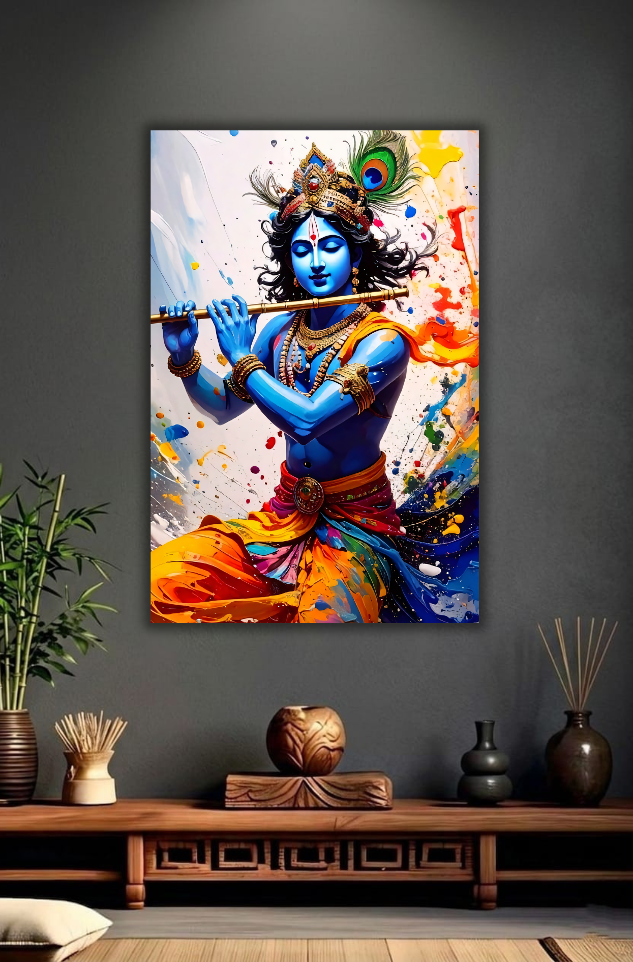 Divine Lord Krishna Canvas Wall Art - Modern Abstract Impasto Painting Playing Flute