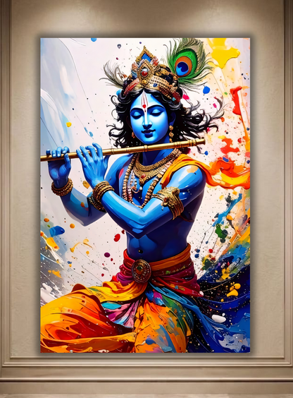 Divine Lord Krishna Canvas Wall Art - Modern Abstract Impasto Painting Playing Flute