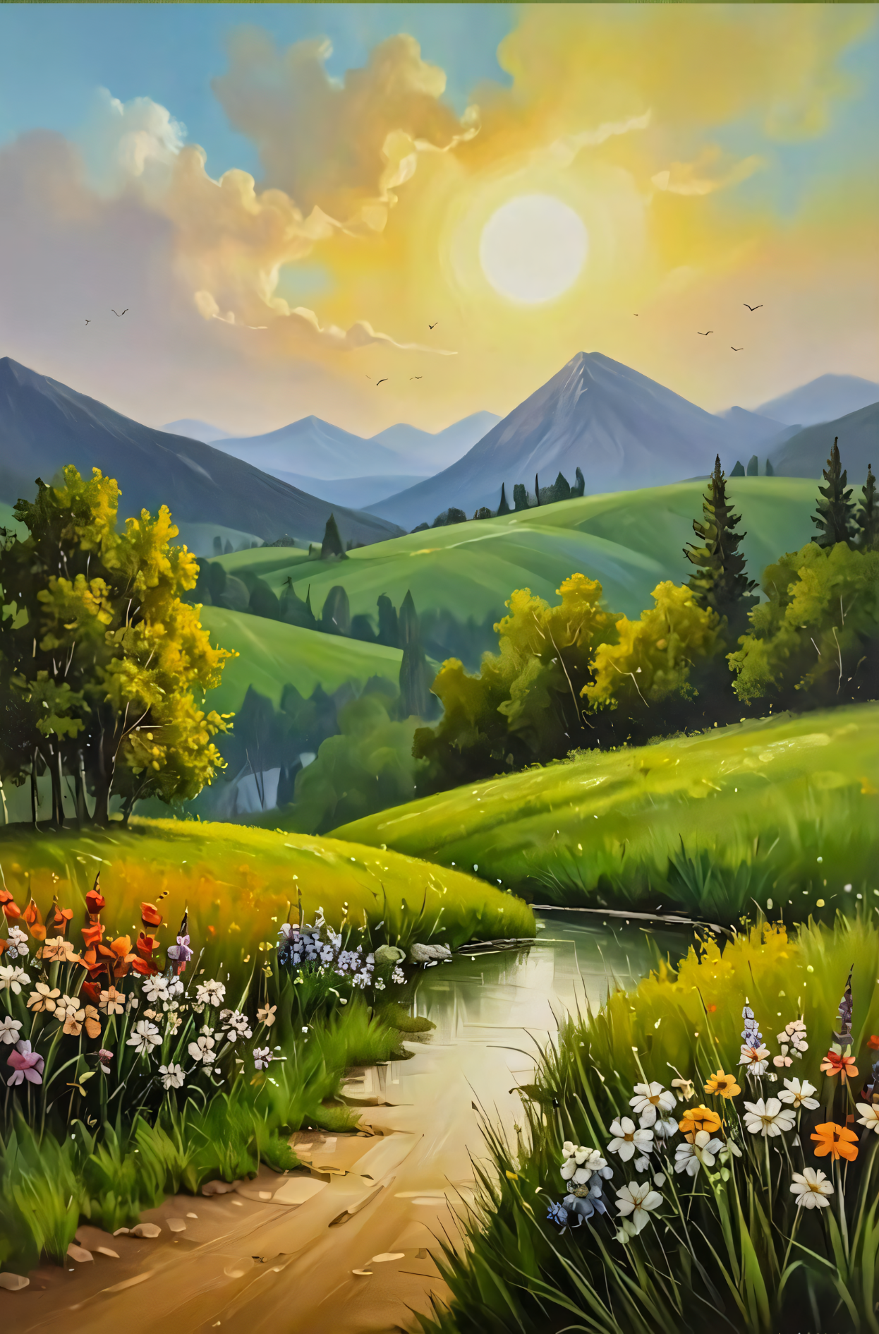 Mountain Meadow Wildflower Canvas Wall Art - Spring Landscape Painting Print with River & Sunset, Gallery Wrapped Nature Decor for Living Room