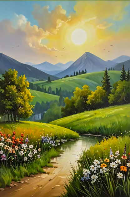 Mountain Meadow Wildflower Canvas Wall Art - Spring Landscape Painting Print with River & Sunset, Gallery Wrapped Nature Decor for Living Room