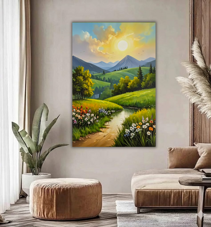 Mountain Meadow Wildflower Canvas Wall Art - Spring Landscape Painting Print with River & Sunset, Gallery Wrapped Nature Decor for Living Room