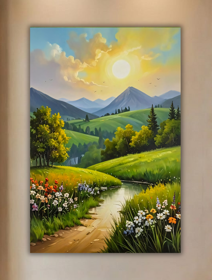 Mountain Meadow Wildflower Canvas Wall Art - Spring Landscape Painting Print with River & Sunset, Gallery Wrapped Nature Decor for Living Room