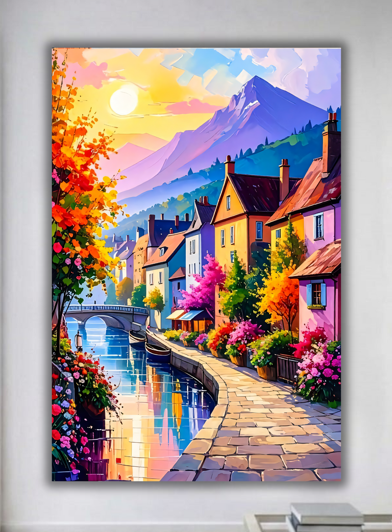 Colorful European Canal Village Canvas Wall Art - Mountain Landscape Painting Print with Stone Bridge & Sunset, Gallery Wrapped Scenic Artwork for Living Room Decor