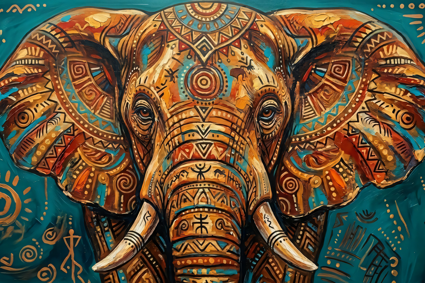 Abstract Tribal Elephant Canvas Wall Art - Textured Impasto African Wildlife Oil Painting Print, Gallery Wrapped Ethnic Pattern Decor for Living Room