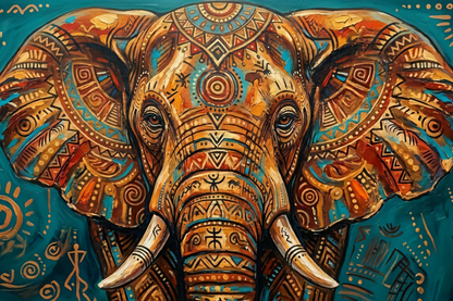 Abstract Tribal Elephant Canvas Wall Art - Textured Impasto African Wildlife Oil Painting Print, Gallery Wrapped Ethnic Pattern Decor for Living Room