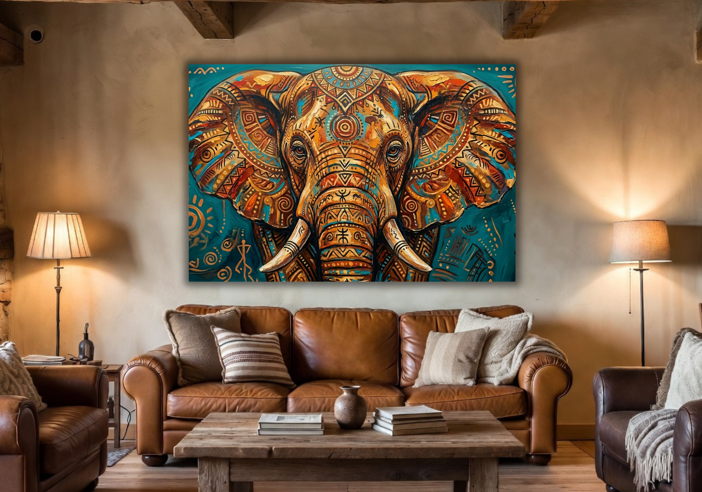 Abstract Tribal Elephant Canvas Wall Art - Textured Impasto African Wildlife Oil Painting Print, Gallery Wrapped Ethnic Pattern Decor for Living Room
