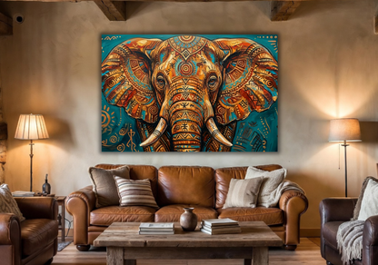 Abstract Tribal Elephant Canvas Wall Art - Textured Impasto African Wildlife Oil Painting Print, Gallery Wrapped Ethnic Pattern Decor for Living Room