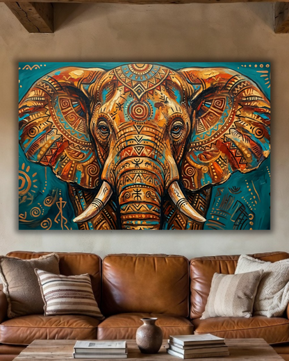 Abstract Tribal Elephant Canvas Wall Art - Textured Impasto African Wildlife Oil Painting Print, Gallery Wrapped Ethnic Pattern Decor for Living Room