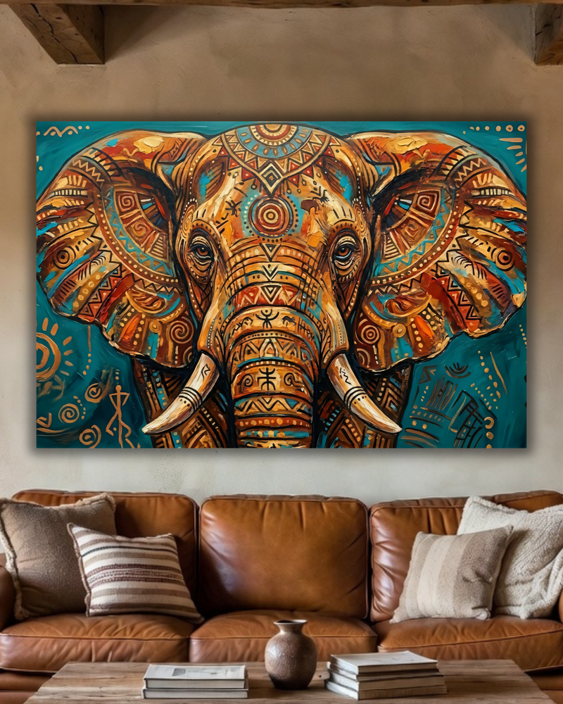 Abstract Tribal Elephant Canvas Wall Art - Textured Impasto African Wildlife Oil Painting Print, Gallery Wrapped Ethnic Pattern Decor for Living Room