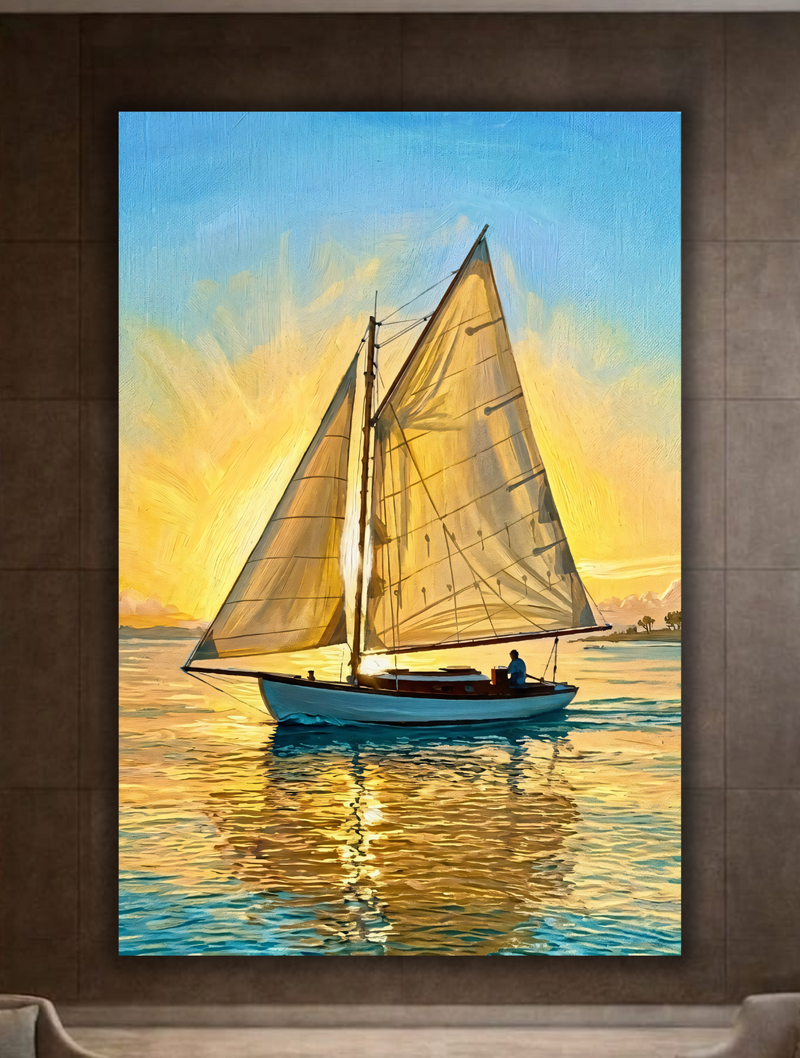 Vintage Sailboat Canvas Wall Art - Textured Sunset Maritime Painting Print