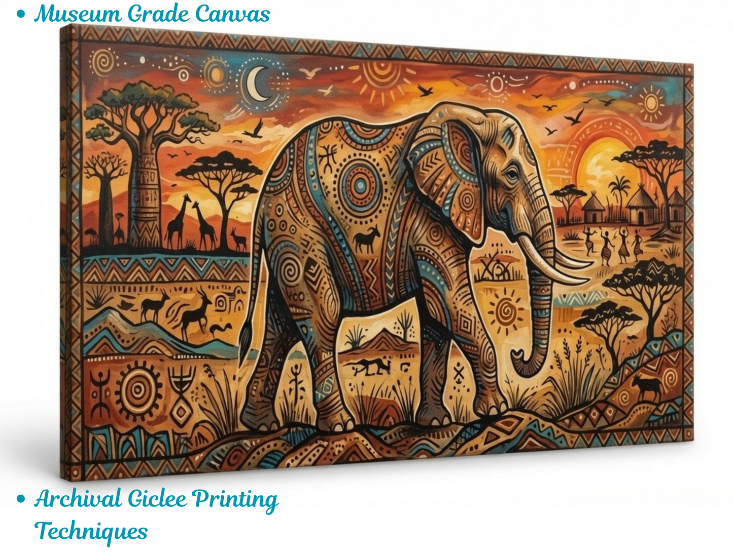 African Elephant Tribal Art Canvas Print - Panoramic Safari Sunset Wildlife Wall Decor