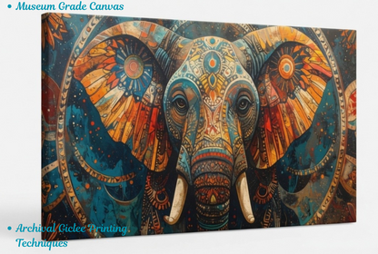 Ornate Abstract Elephant Canvas Print - Panoramic Vibrant Teal and Gold Wildlife Mandala Wall Art