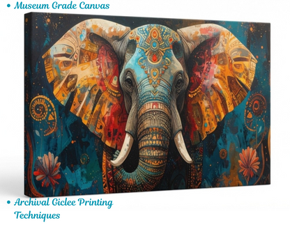 Majestic Ornate Elephant Canvas Art Print - Panoramic Abstract Teal Gold Wildlife Wall Decor