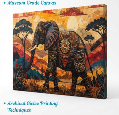 African Elephant Mosaic Canvas Print - Panoramic Sunset Safari Wildlife Wall Art