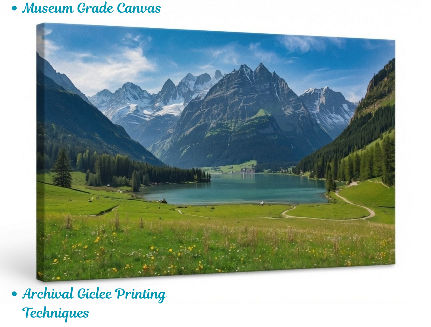 Swiss Alps Mountain Lake Canvas Print - Panoramic Green Valley Wilderness Landscape Wall Decor