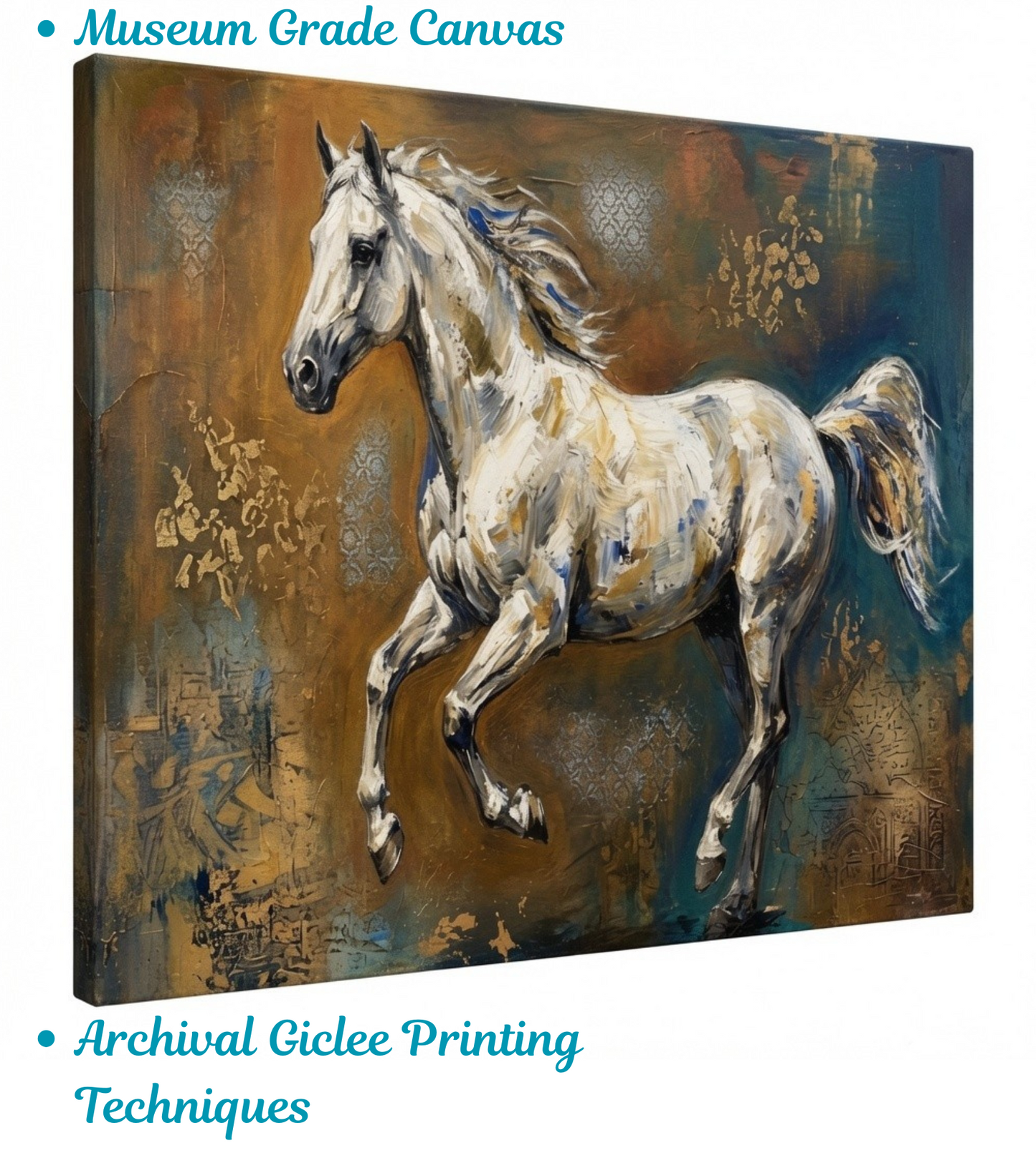 Galloping White Horse Canvas Art Print - Panoramic Abstract Wildlife Steed Wall Decor