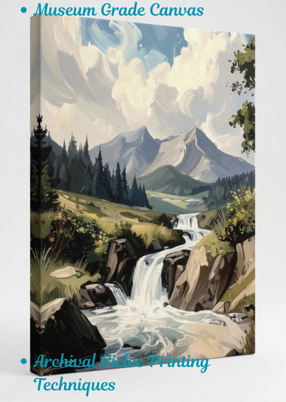 Mountain Waterfall Canvas Art Print - Impasto Rocky Ridge Landscape Wall Decor