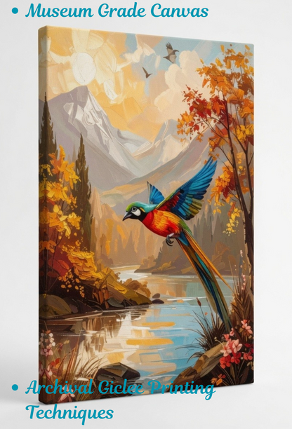 Vibrant Macaw Parrot Mountain Canvas Print - Autumn Landscape River Wildlife Wall Art