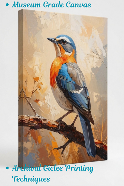 Blue and Orange Songbird Canvas Print - Modern Textured Impressionist Bird Wildlife Wall Art