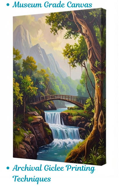 Mountain Waterfall Landscape Canvas Wall Art - Forest River & Wooden Bridge Nature Painting Print