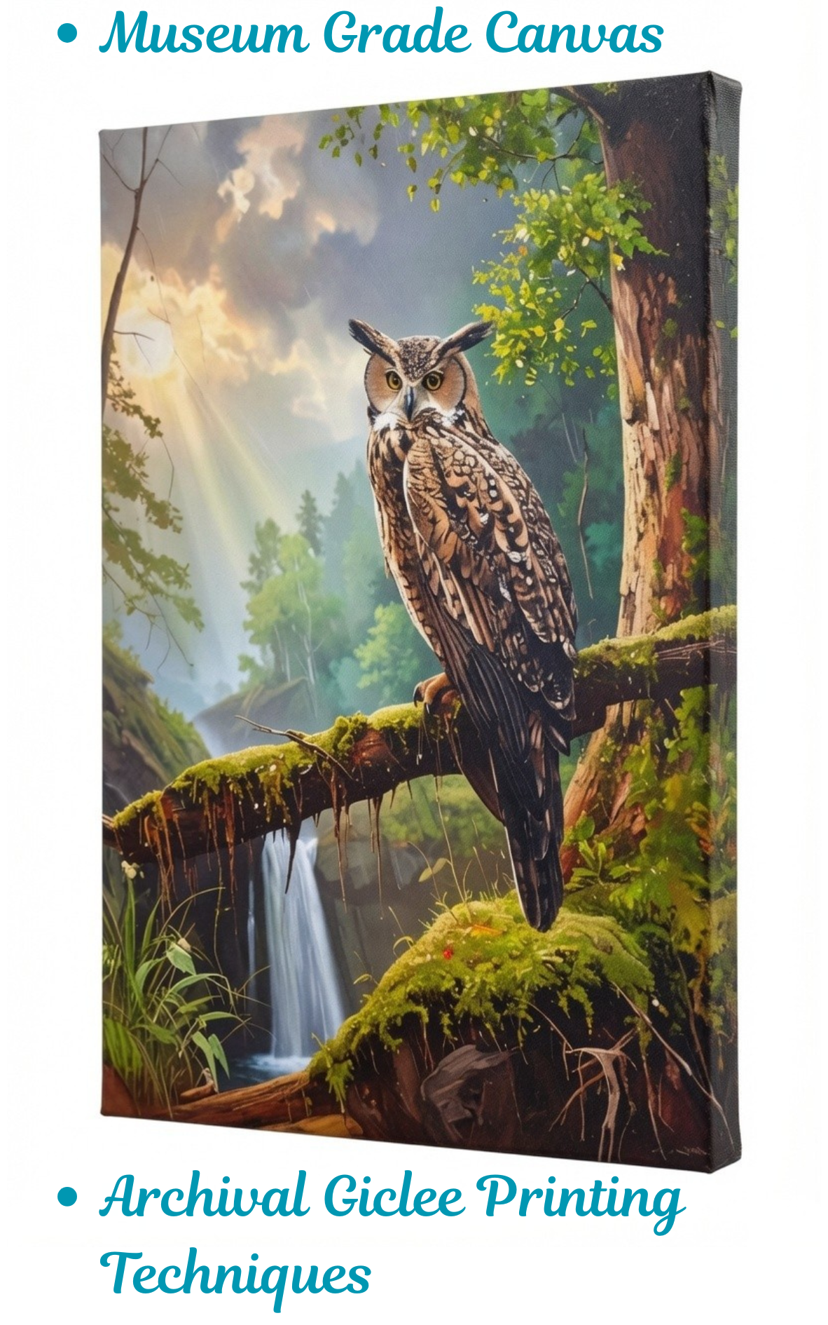 Great Horned Owl Canvas Wall Art - Enchanted Forest Waterfall Painting Print