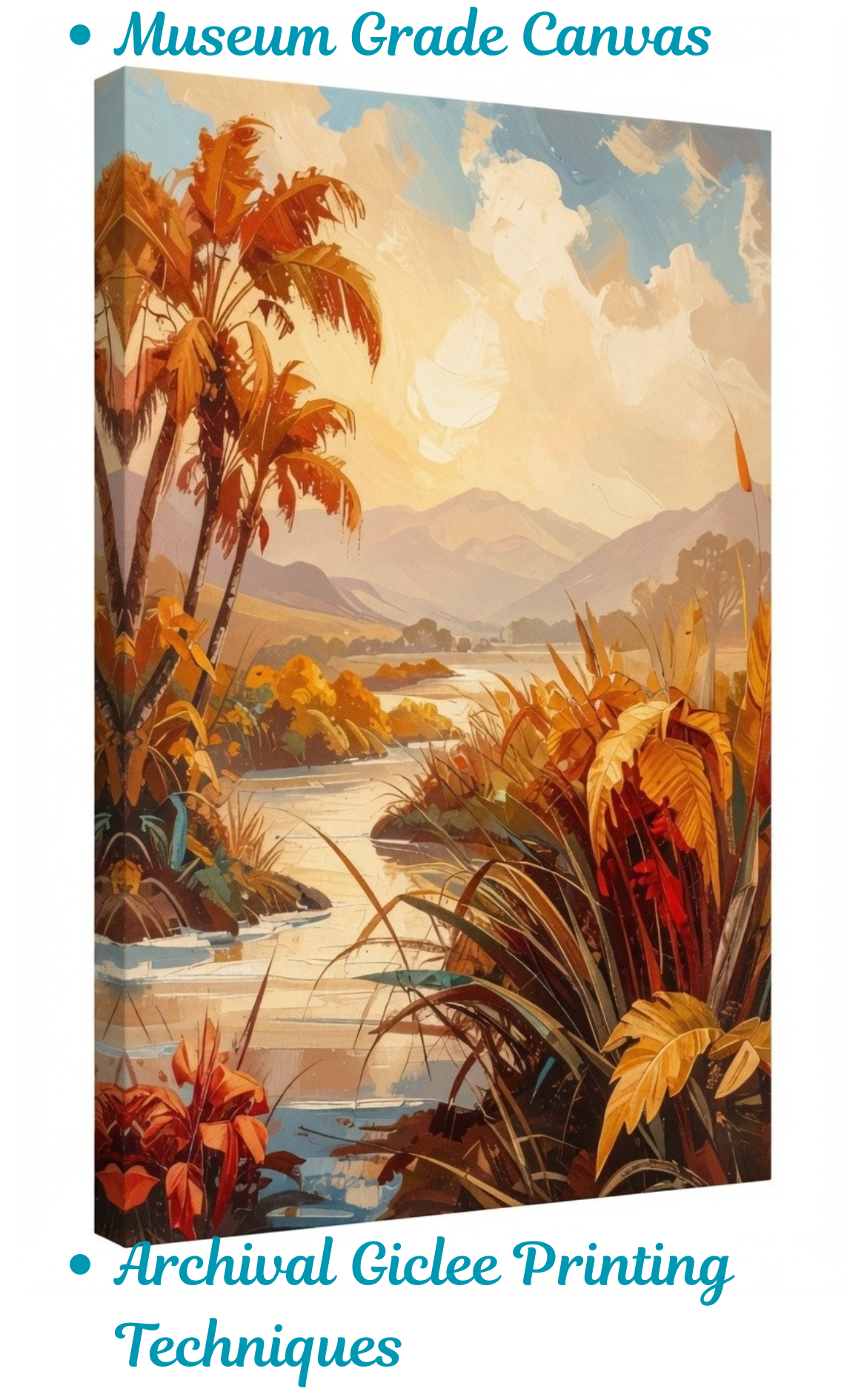 Tropical River Oasis Canvas Wall Art - Textured Autumn Palm Trees & Mountain Landscape Painting Print