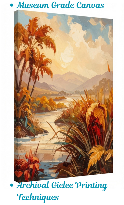 Tropical River Oasis Canvas Wall Art - Textured Autumn Palm Trees & Mountain Landscape Painting Print