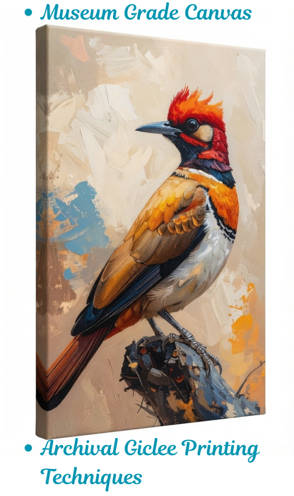 Vibrant Red-Crested Bird Canvas Wall Art - Abstract Impasto Wildlife Oil Painting Print
