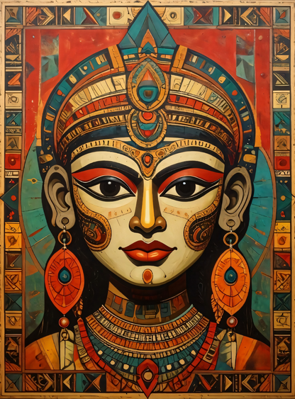 Ancient Egyptian Queen Canvas Wall Art - Abstract Cleopatra Portrait Print with Geometric Borders