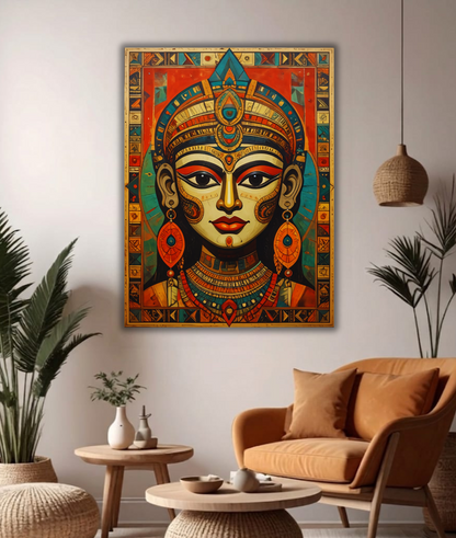 Ancient Egyptian Queen Canvas Wall Art - Abstract Cleopatra Portrait Print with Geometric Borders