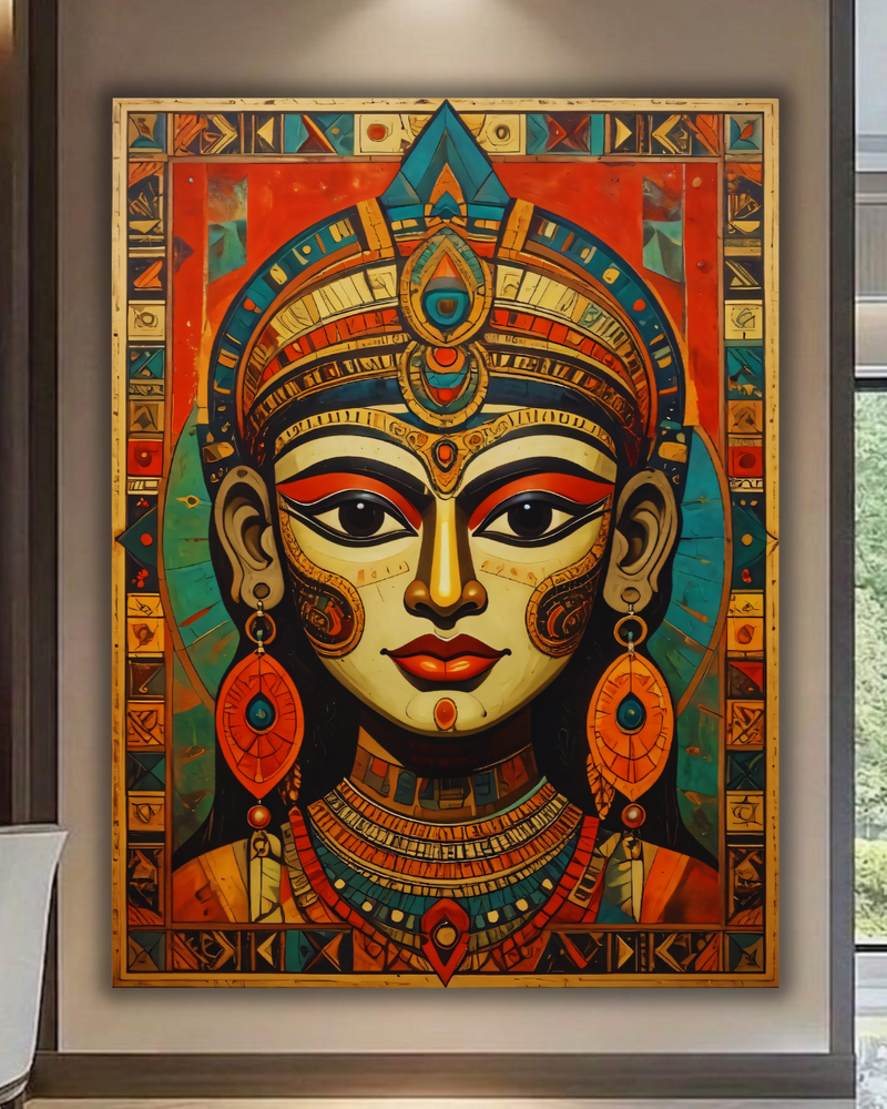Ancient Egyptian Queen Canvas Wall Art - Abstract Cleopatra Portrait Print with Geometric Borders