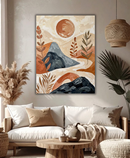 Minimalist Desert Mountain Canvas Wall Art - Textured Impasto Boho Landscape Painting Print