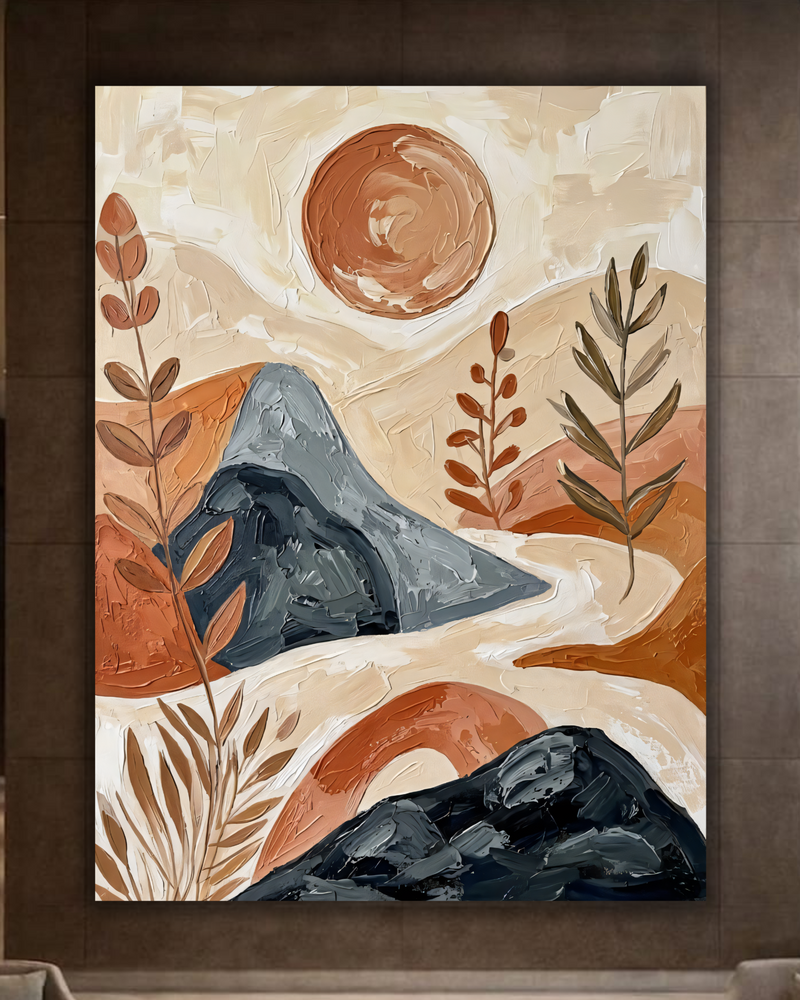 Minimalist Desert Mountain Canvas Wall Art - Textured Impasto Boho Landscape Painting Print