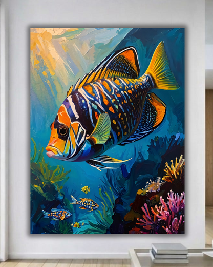 Vibrant Tropical Fish Canvas Wall Art - Textured Coral Reef Undersea Painting Print