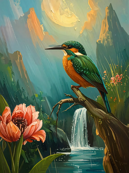 Kingfisher Canvas Wall Art - Textured Forest Waterfall Painting Print