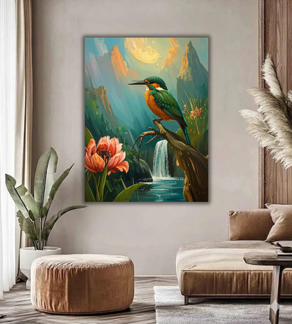 Kingfisher Canvas Wall Art - Textured Forest Waterfall Painting Print