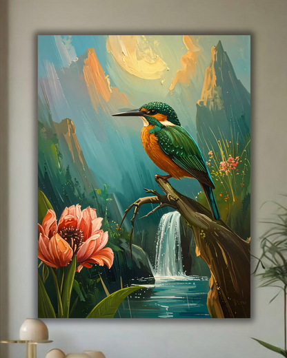 Kingfisher Canvas Wall Art - Textured Forest Waterfall Painting Print
