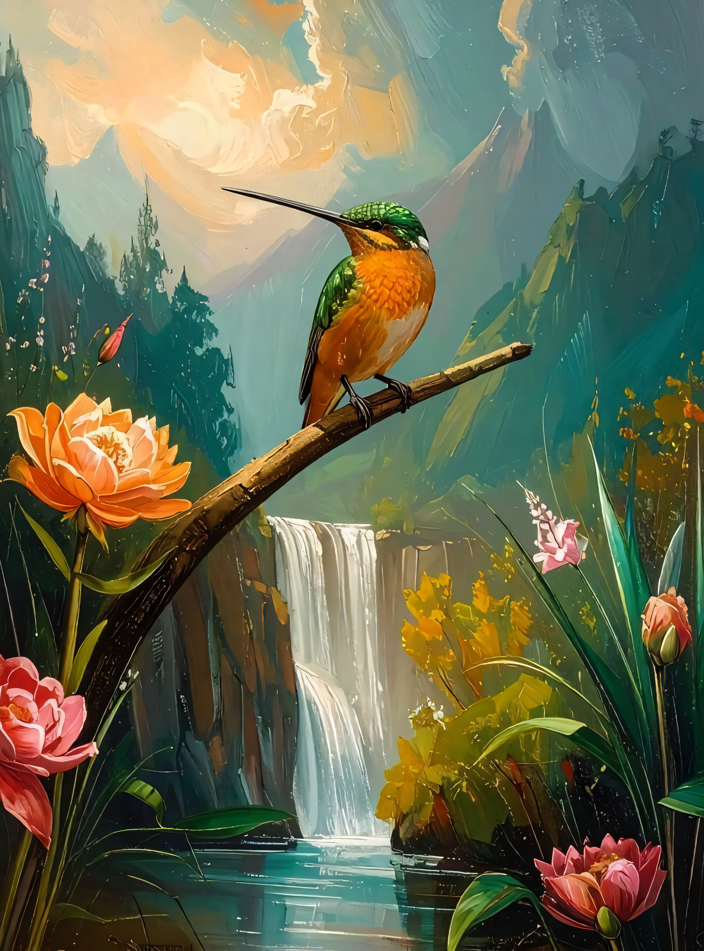 Hummingbird Canvas Wall Art - Textured Mountain Waterfall Painting Print